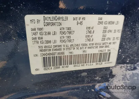 2006 Dodge Durango Slt from USA, damaged, VIN 1D4HD48N66F106086